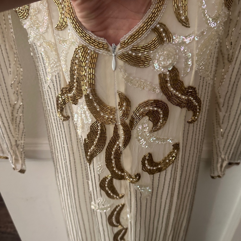 Vintage Alyce Designs Silk White and Gold Beaded Gown - Picture 9 of 13